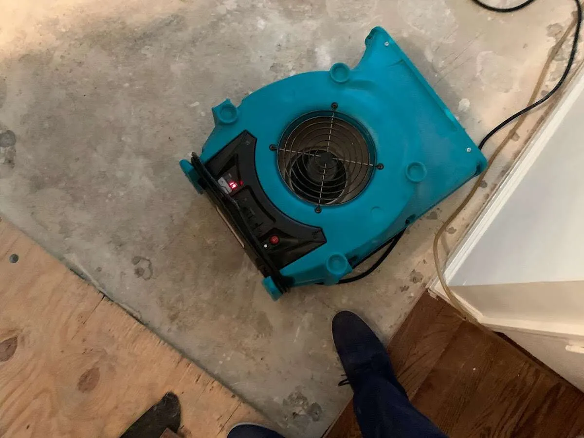 Air mover drying subfloor during Leak Detection & Repair in Westchester